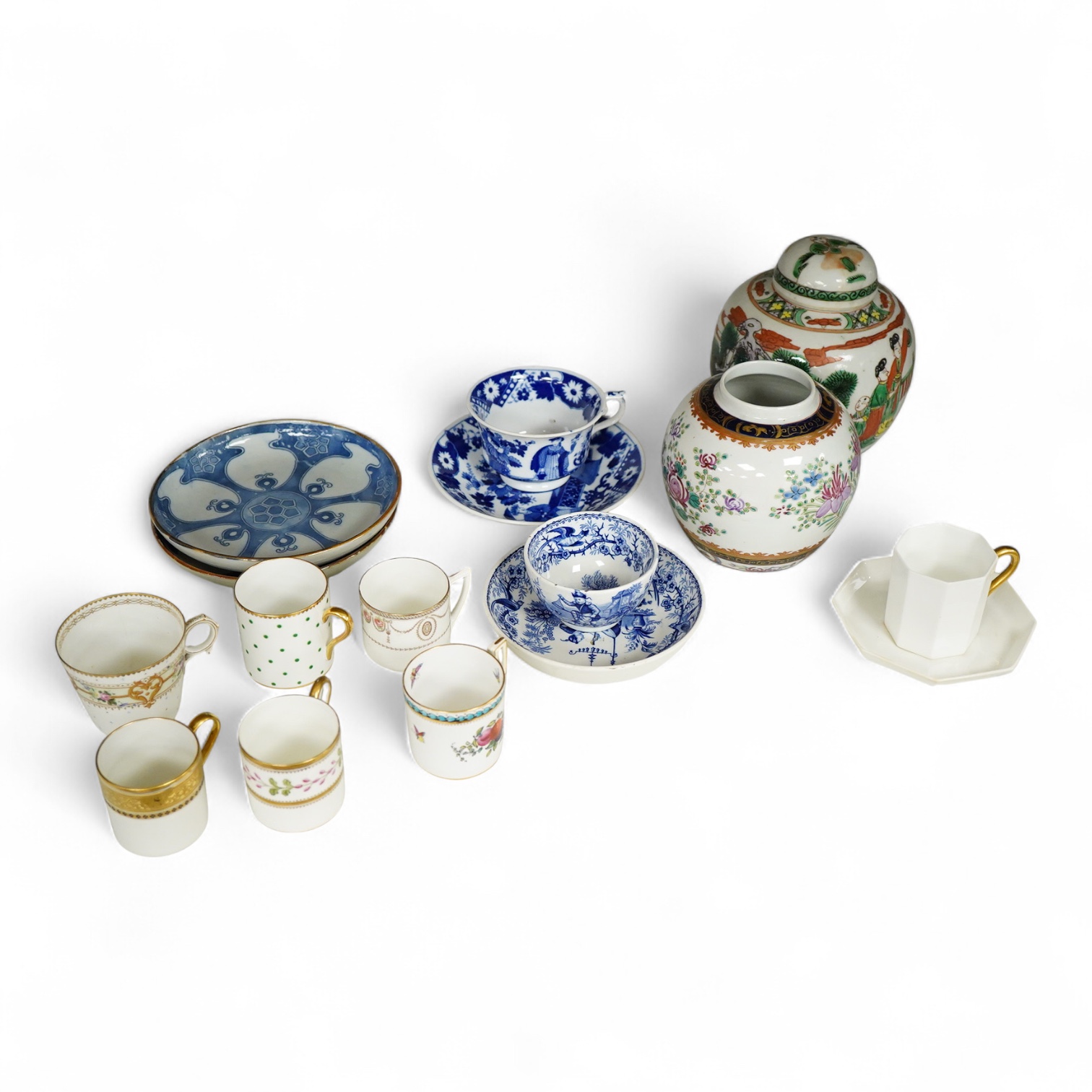 A Chinese ginger jar, Samson ginger jar, Hilditch cup and saucer, other tableware to include coffee cans, largest 15cm high
